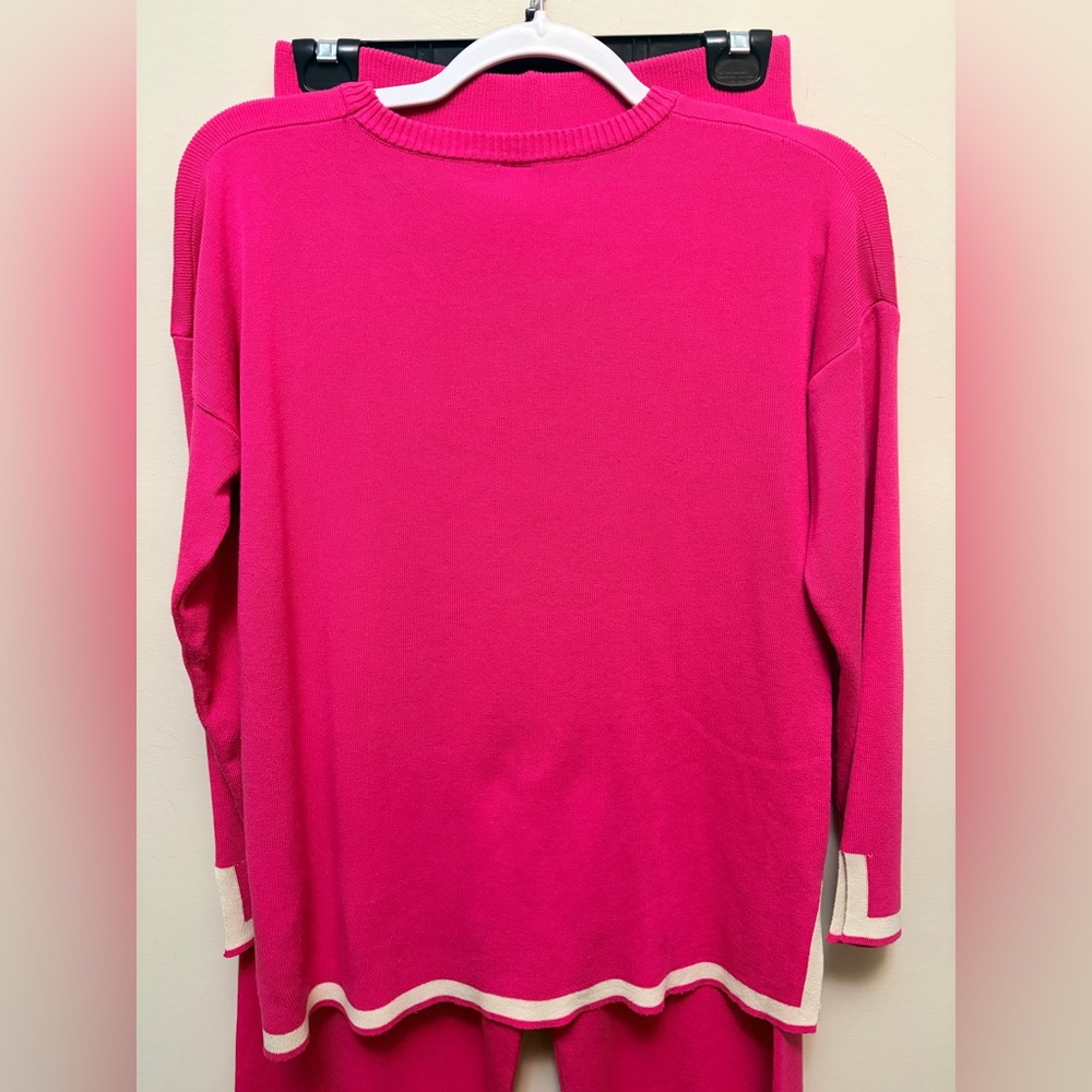 Pink Knit Lounge Set Contrast Trim Cozy Wide Leg Matching Set - Picture 7 of 7